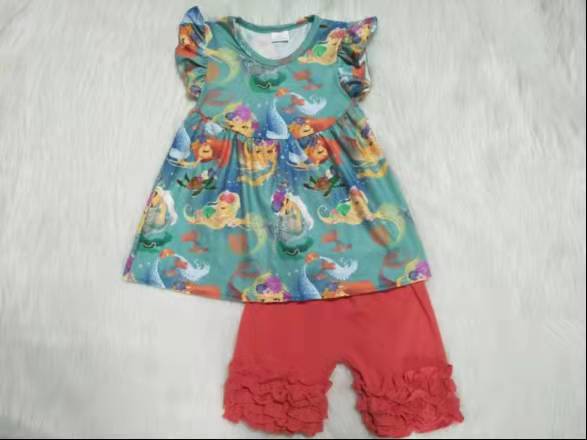 cartoon fish puffy ruffles red girl short sleeve shorts outfits