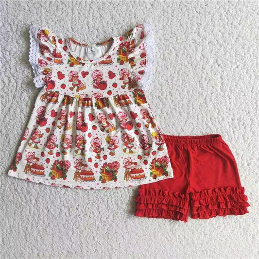 E2-16- Strawberry lace puffy top set red ruffles  short sleeve shorts outfits 20230418 rts