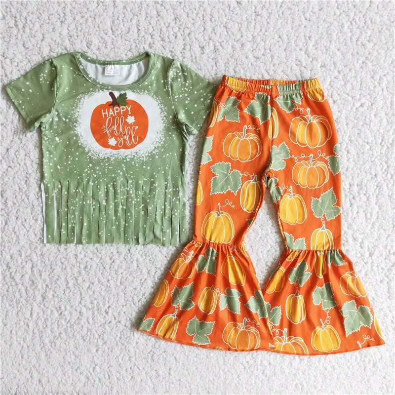 promotion RTS 0806 green happy yall letters pumpkin orange tassels short sleeve bell bottom outfit