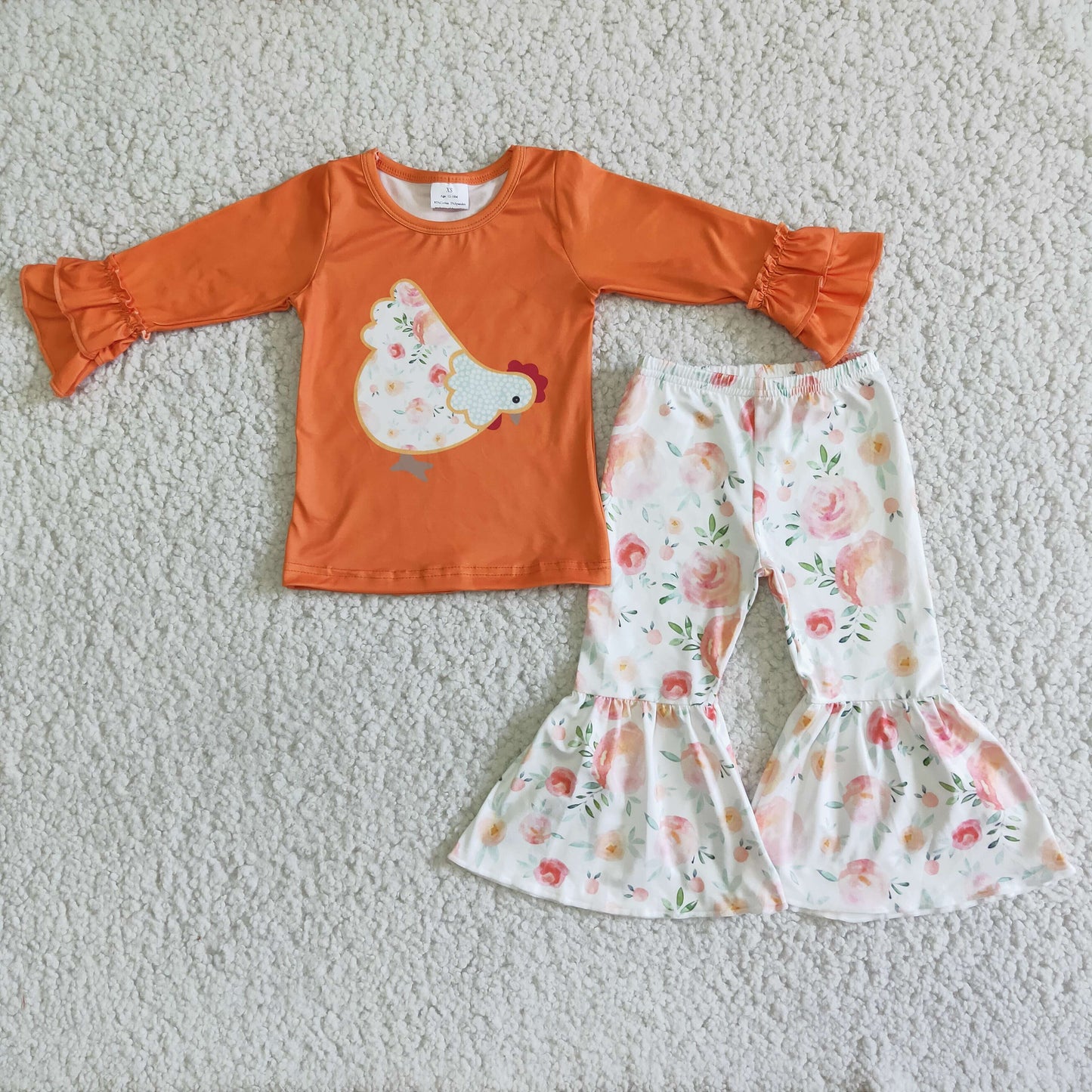 promotion 6 B2-24 girl rufles floral orange chicken print long sleeve bell bottom pant outfit