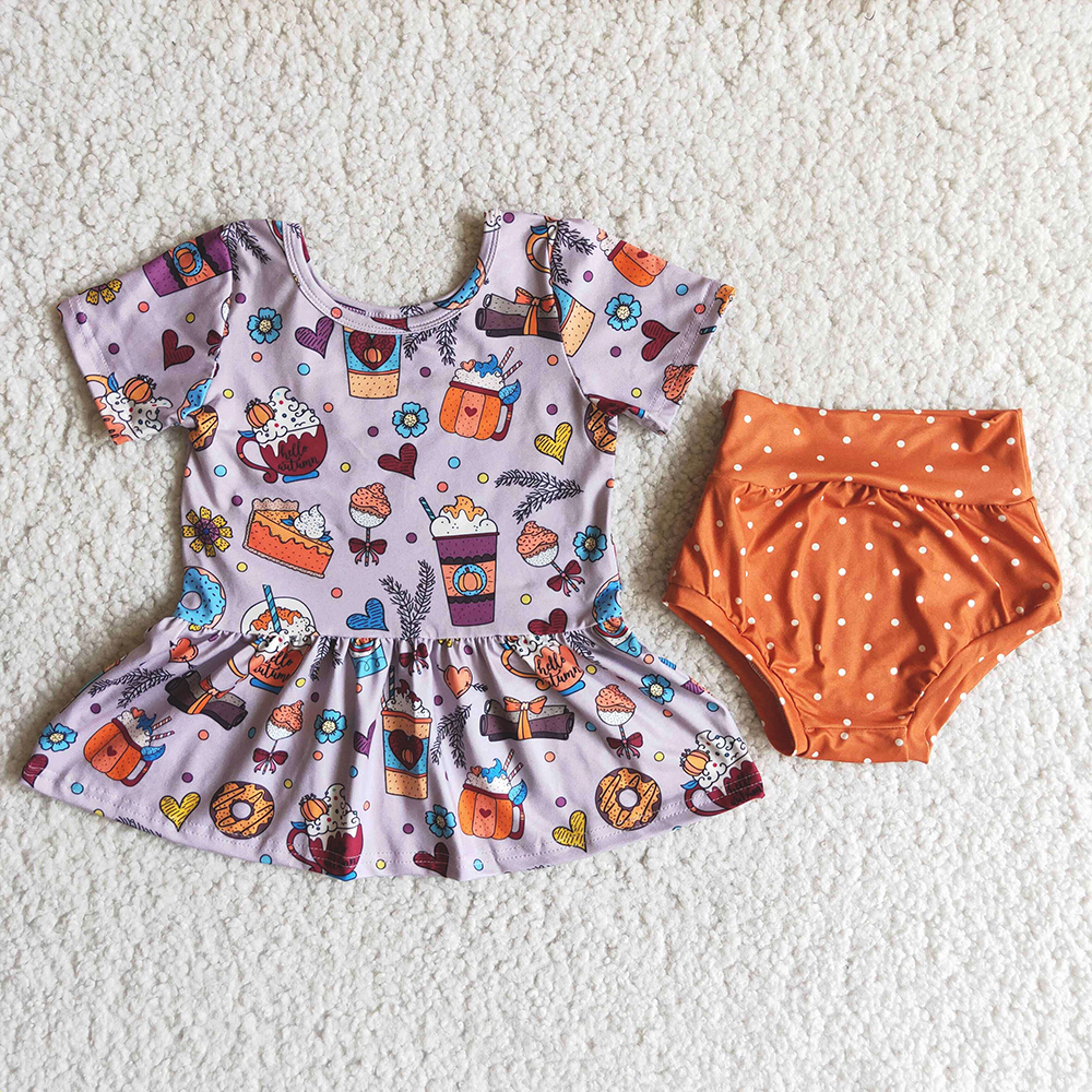 2pcs pumpkin halloween donuts food drinks purple short sleeve top summer orange dots irl bummie set outfits 0429