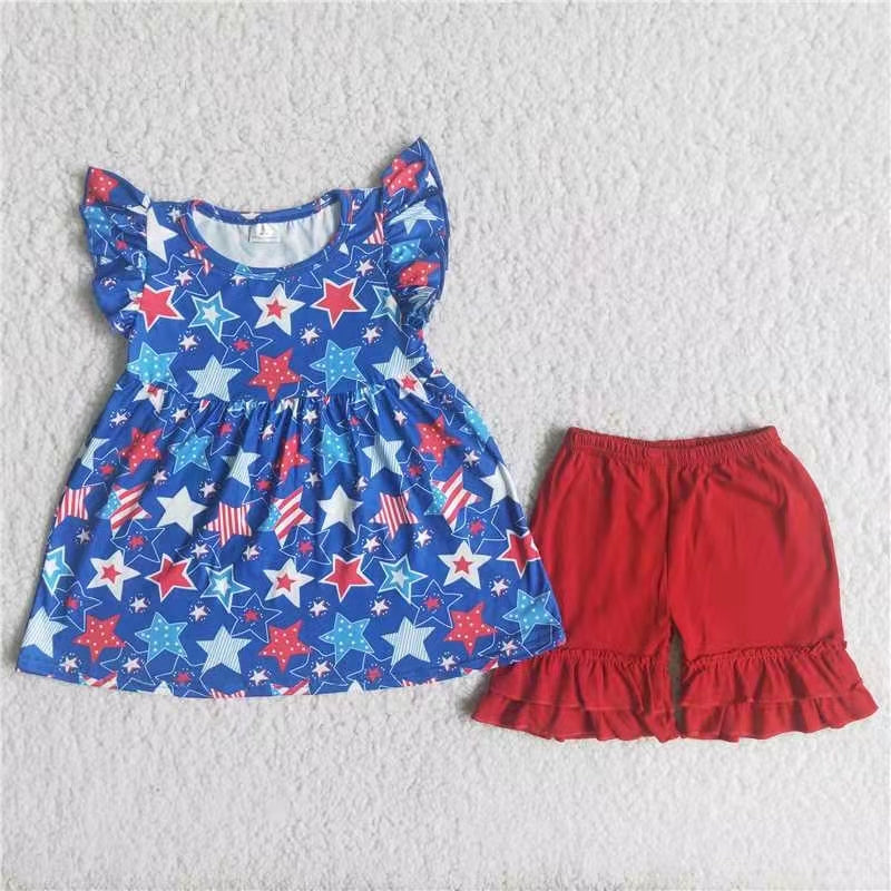 puffy sleeves stars pattern Red blue flag stripe American national Day girl summer set 0209