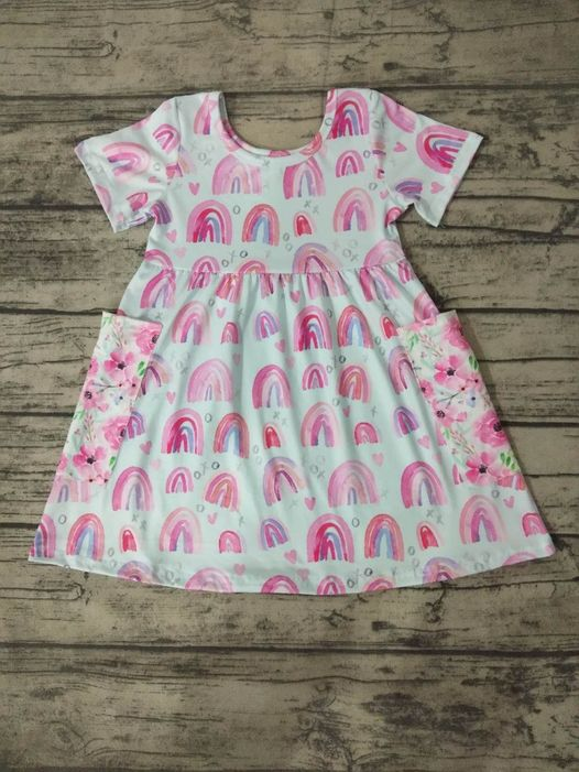 RTS pink rainbow flower pocket short sleeve girl dress 0513