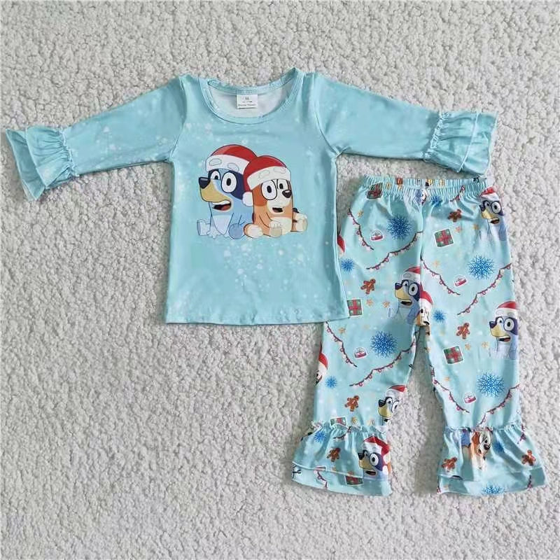 6 B6-14 blue dog cartoon Christmas long sleeve pants girl outfit 20230520 RTS