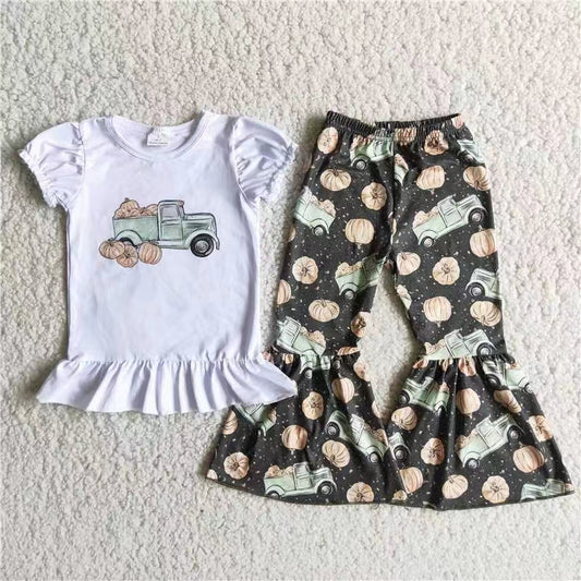 RTS 2pcs pumpkin car print white top short sleeve black pumpkin car bell bottom girl outfits 0504