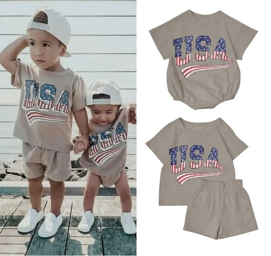 SR0287 USA July 4th short sleeve tan embroidery baby romper 20230408 rts