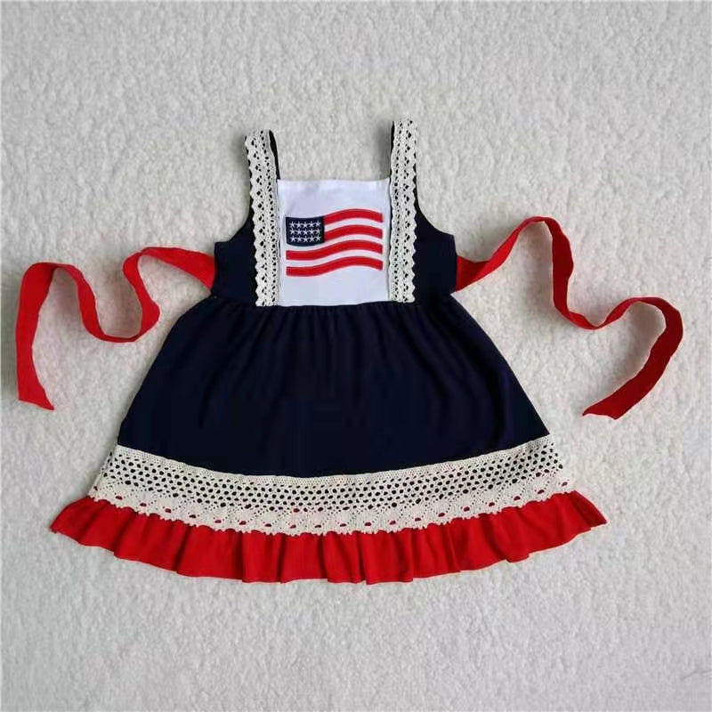 A9-3 RTS American national flag USA blue red lace embroidery short sleeve dress 20230221 RTS