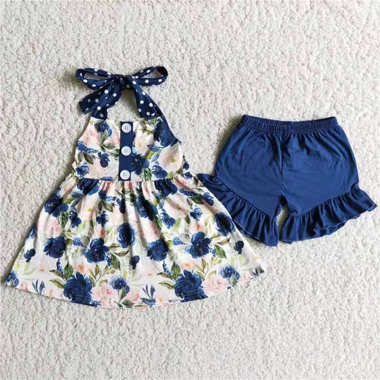 D7-19. promotion navy blue floral button ruffles short sleeve shorts girl outfits 202404