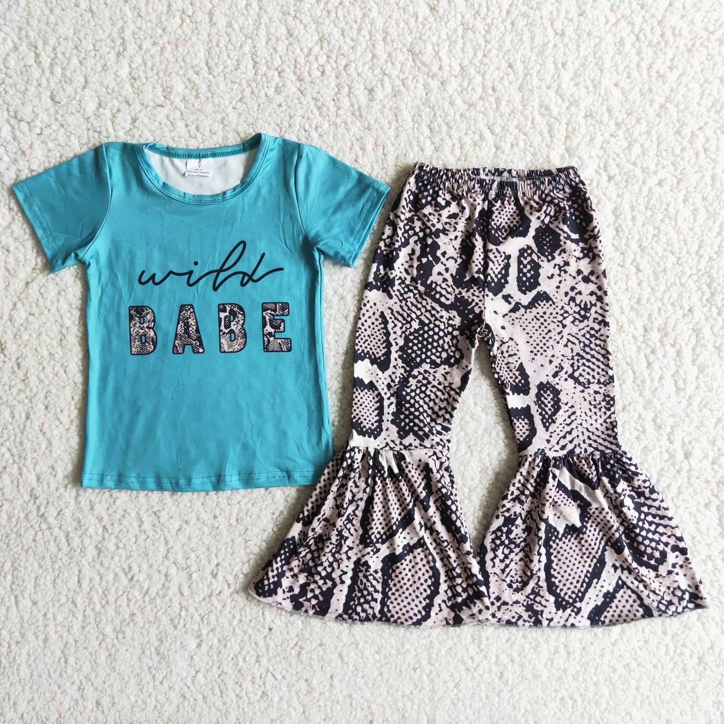 promotion price B10-1 babe letters snake print blue short sleeve bell bottom pant girl outfit