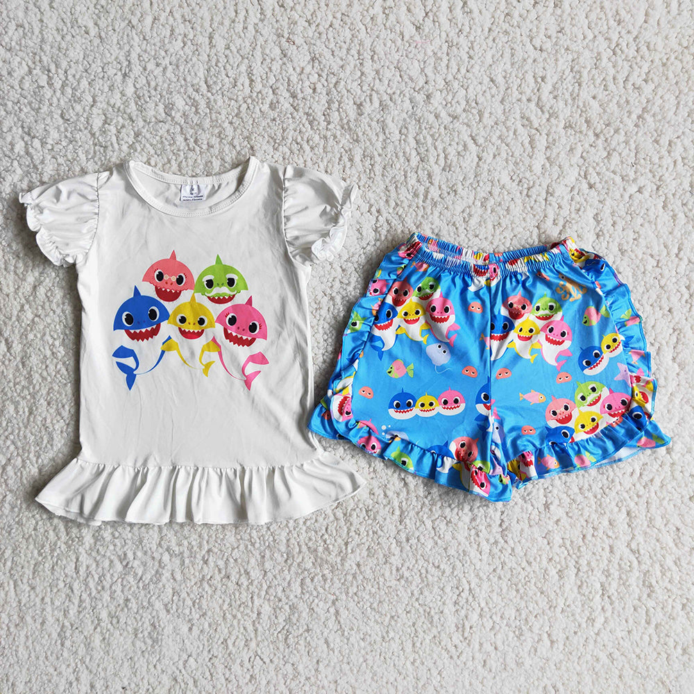 promotion A13-11 Shark white  blue cartoon ruffles short sleeve shorts set 202404