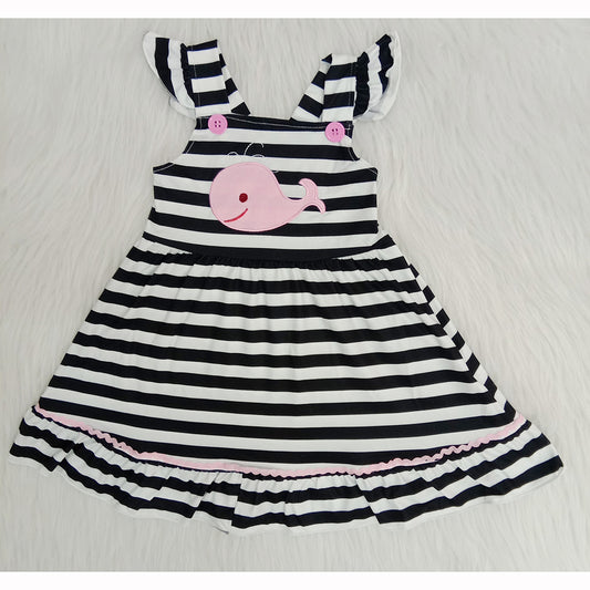 pink cartoon ruffle black white stripe puffy sleeveless dress