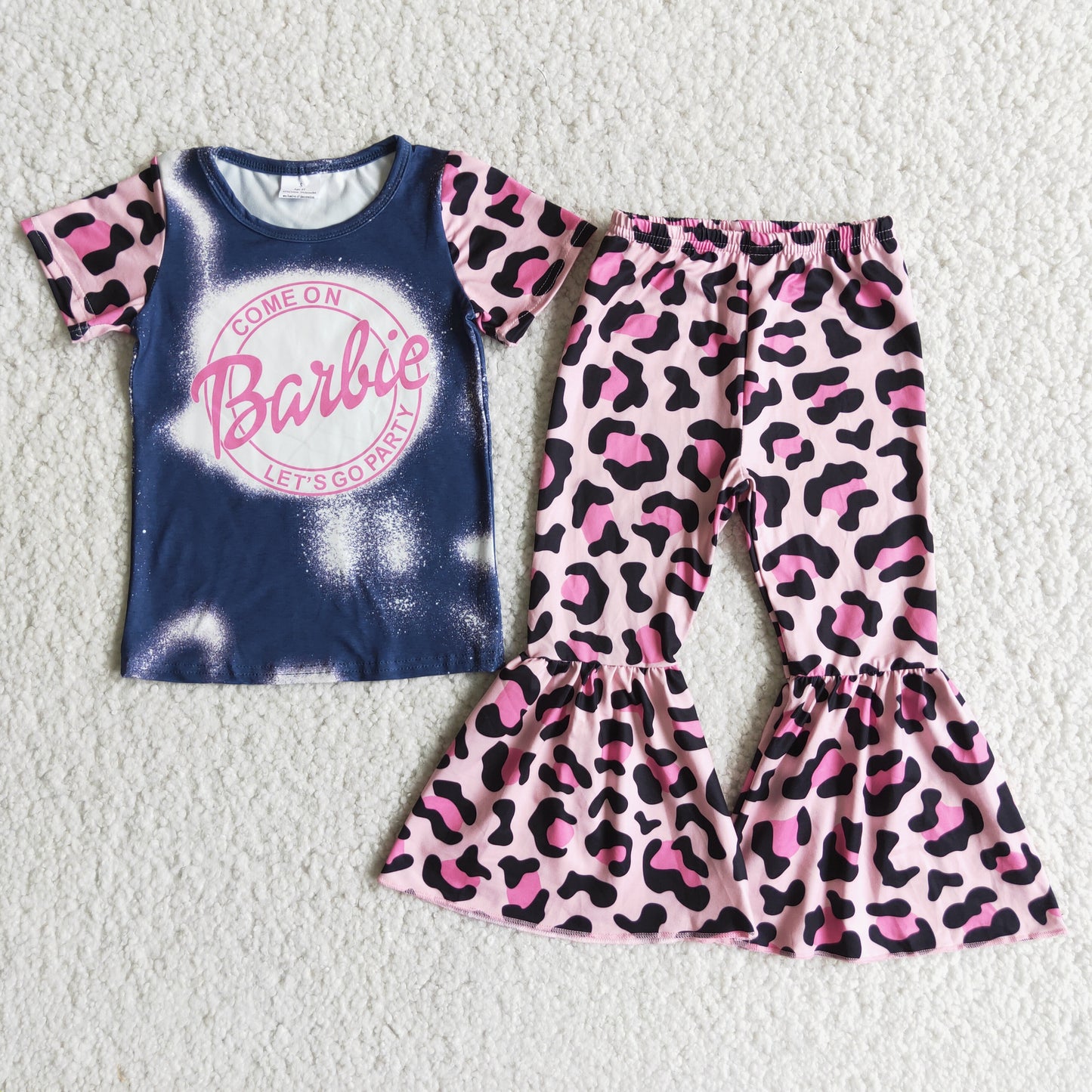 E8-1 pink raglan leopard print letters short sleeve bell bottom pant girl outfit 20230429 RTS