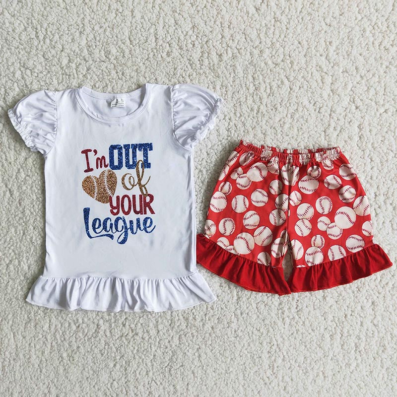 A2-2 Baseball ruffles red short sleeve shorts girl outfit RTS 20230323