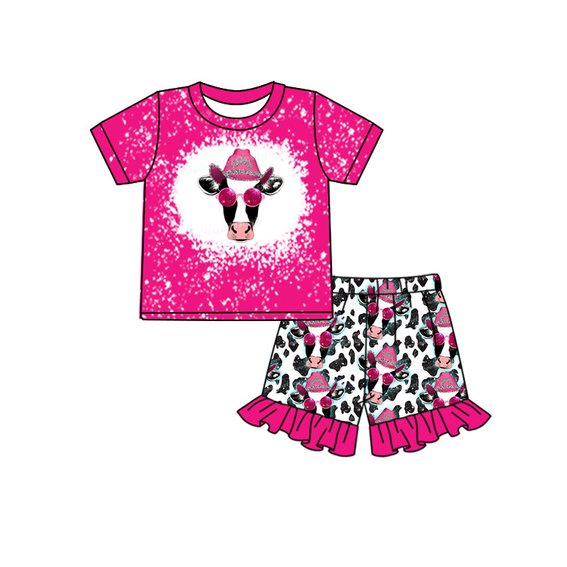 preorder summer girl set pink top glasses cow print hot pink ruffles shorts girl outfits 0412