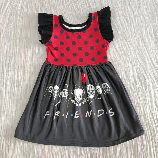 cartoon red nose friend helloween red black dots puffy sleeve girl dress