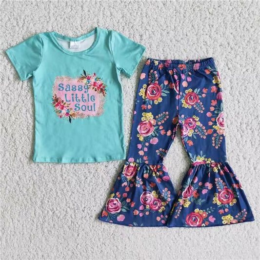 promotion C11-4 sassy little soul blue flowers floral short sleeve bell bottom pant outfit 0308