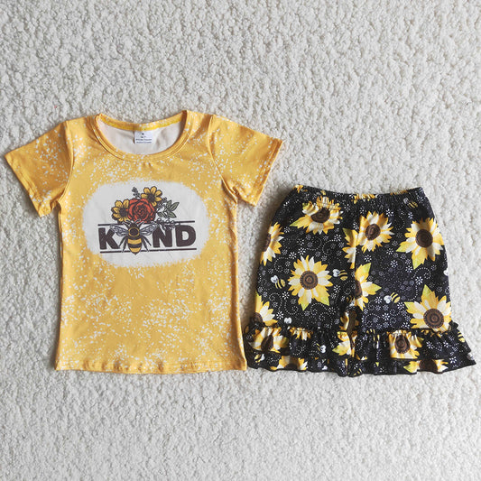 Promotion B5-2 Be kind yellow bleaching sunflower short sleeve shorts girl summer outfit