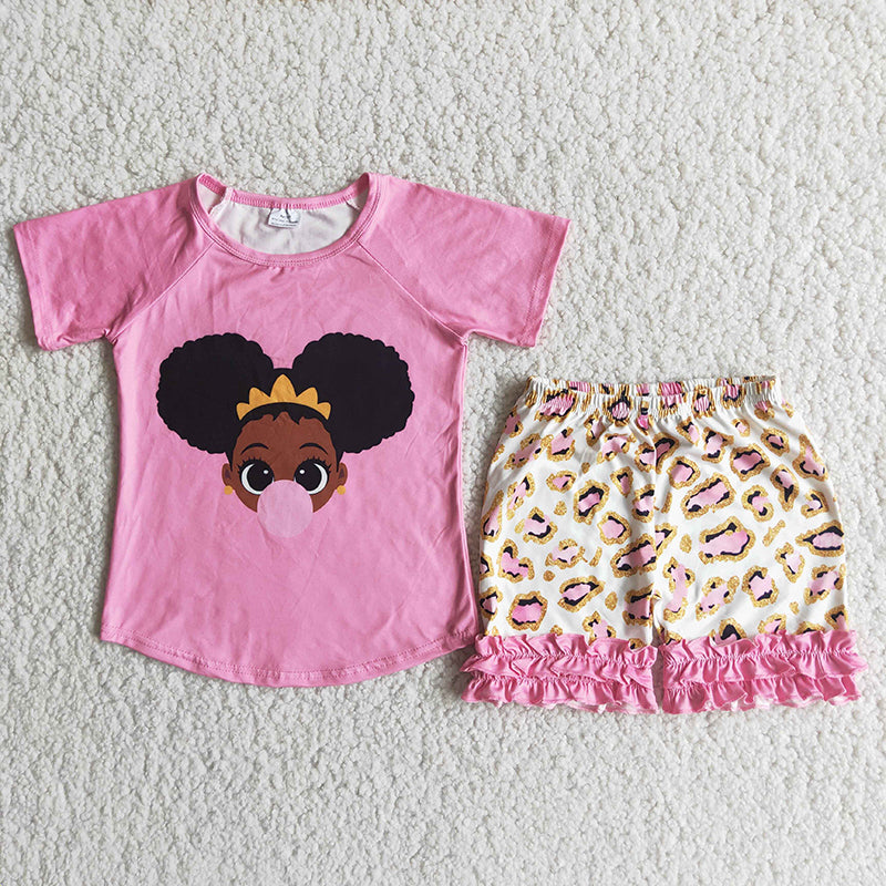 promotion bubble gum black big eyes girls baby pink leopard ruffles short sleeve shorts set