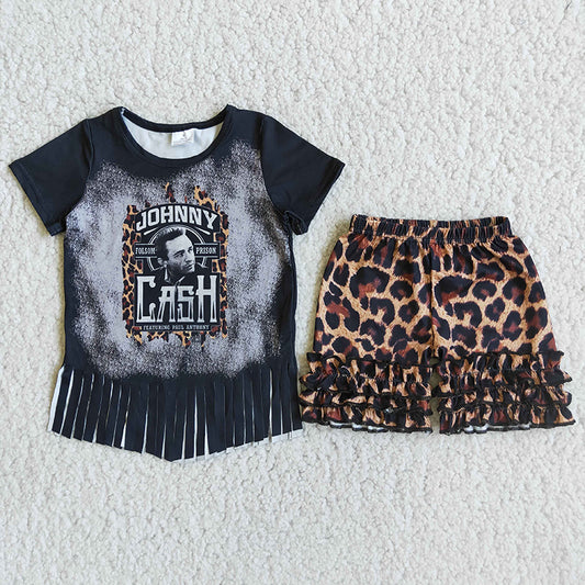 Black tassels leopard ruffles short sleeve shorts set