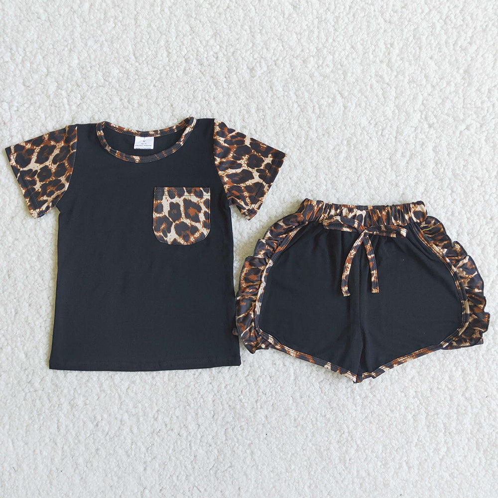 C4-12 RTS Black summer girl pocket leopard short sleeve shorts set  20230411