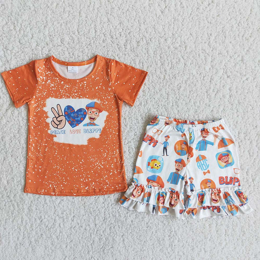 promotion RTS C15-25 Peace love blippi orange cartoon bleaching short sleeves short pants set