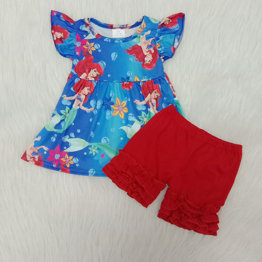 Blue mermaid puffy red ruffles girl short sleeve shorts outfits