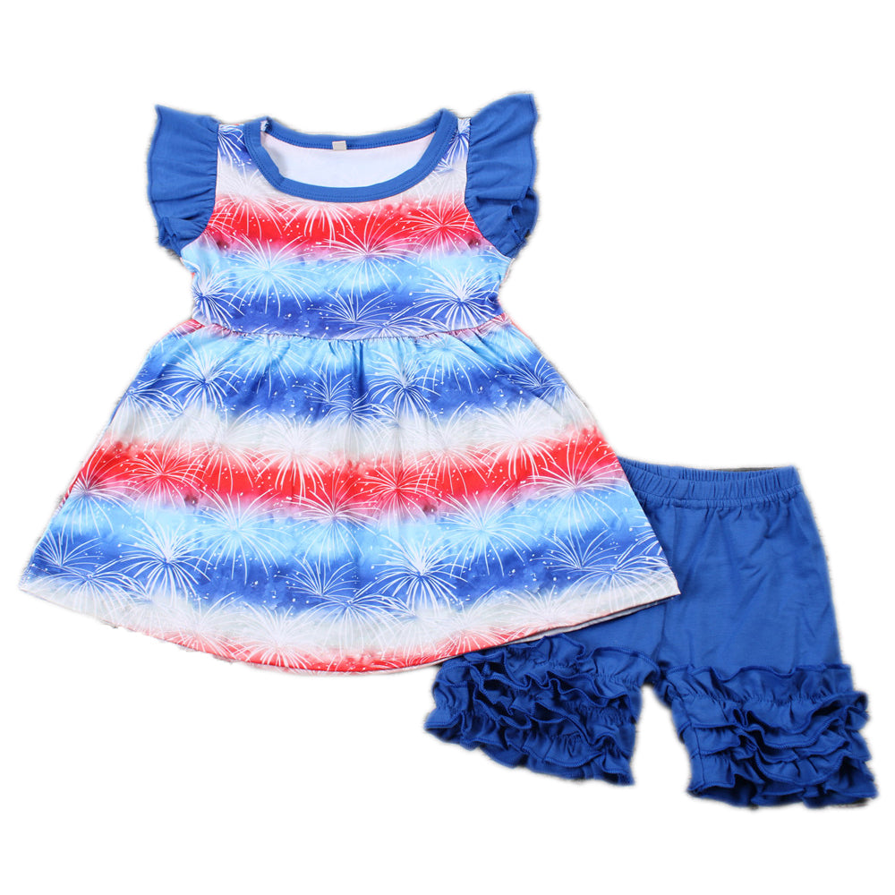 Blue and red stripe puffy ruffles short sleeve shorts set