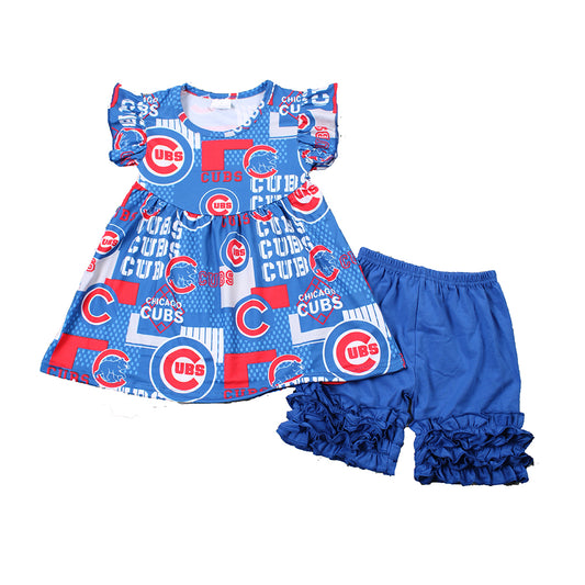 Blue letter puffy ruffles girl short sleeve shorts outfits