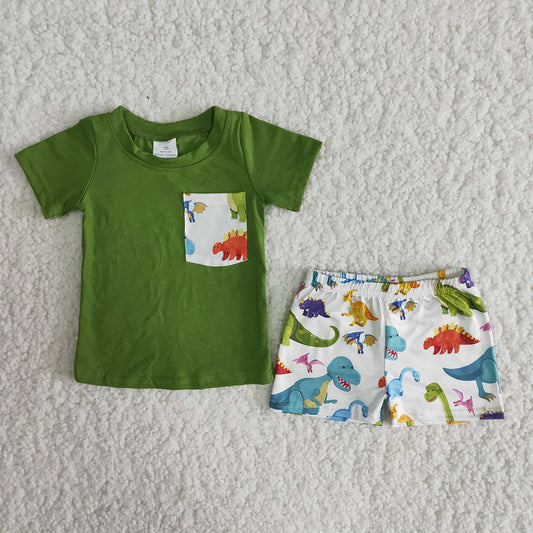 Dinosaur pocket green top cartoon short pants set 0429