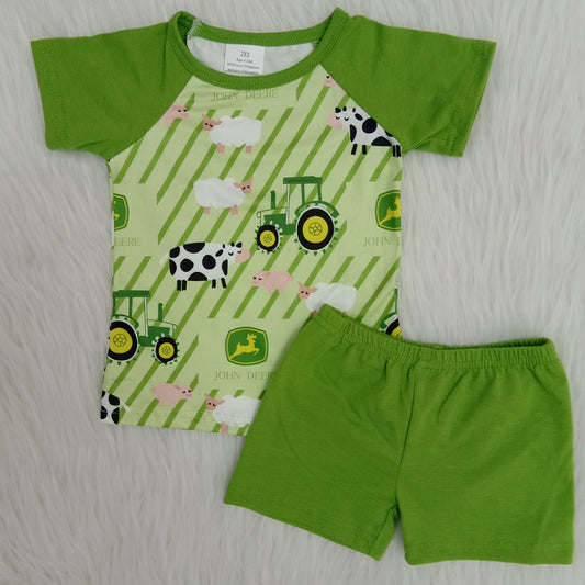 Farm car cow sheep stripe top green short pants set