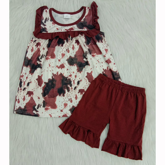 Cow brown ruffles top red short pants set