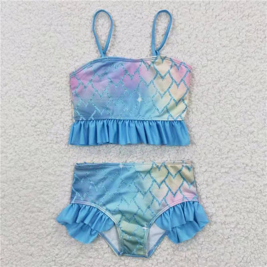 S0061 colorful mermaid gallusus lace silk ribbon swimsuit swimwear 20230407 RTS