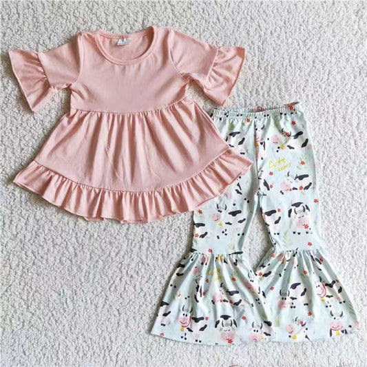 promotion GSPO0115 RTS GSPO0115 cow flower ruffle dress top bell bottom girl outfit 0928