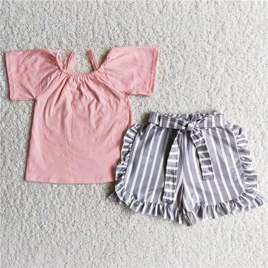 promotion RTS Pink top gray stripe ruffles girl short sleeve shorts outfits 202404