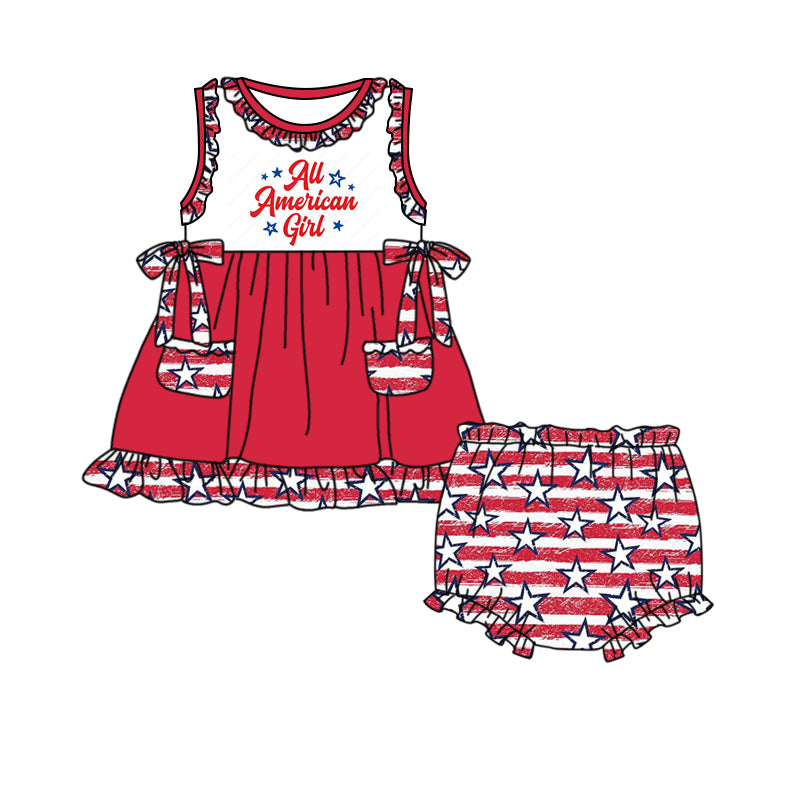 preorder all America girl bowes pocket 4th july blue top summer set girl short sleeve shorts outfit 0319