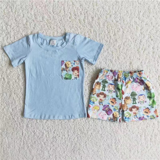 Dinosaur pocket  toy thing  cartoon blue top short sleeve shorts boy outfit 0707 RTS