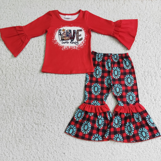 Red top love family cartoon character print girl long sleeve pantspromotion