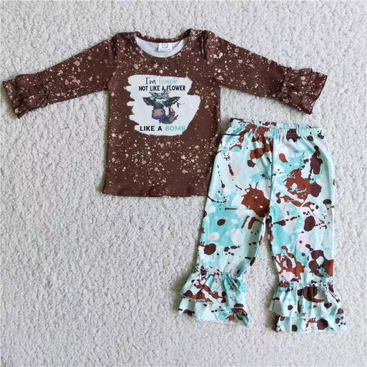 RTS Brown cow flower long sleeve blue bell bottom pant girl outfit 0714