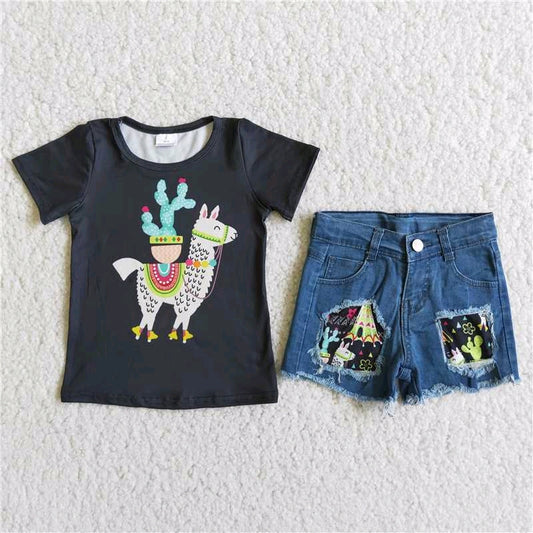 girl outfit cactus alpaca black denim shorts set