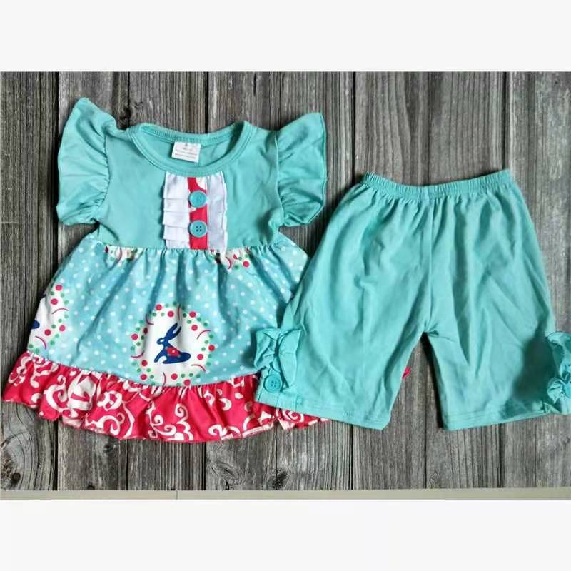 girl puffy rabbit button blue floral short sleeve shorts