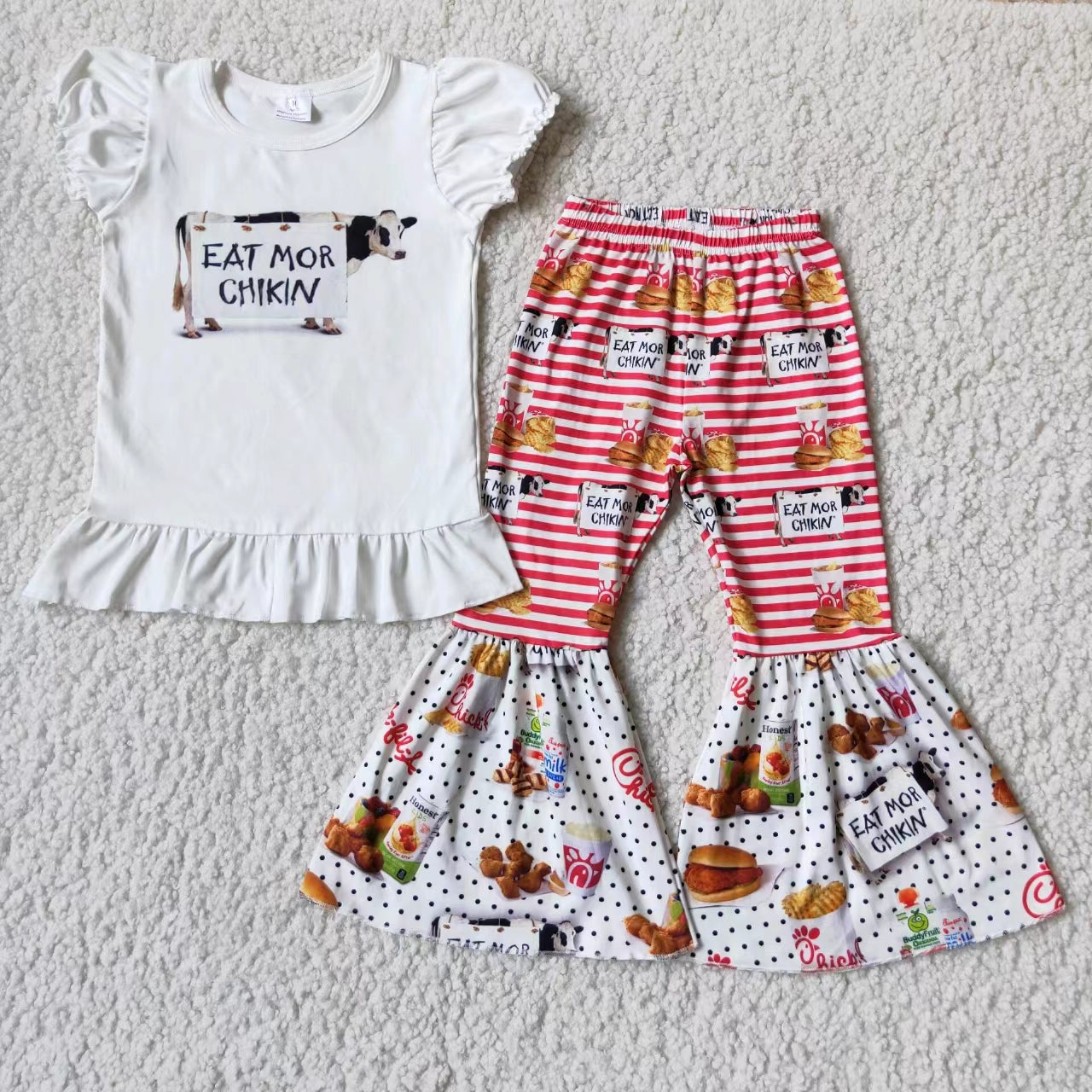 promotion A12-4 RTS short sleeve cow eat more girl outfit 1111