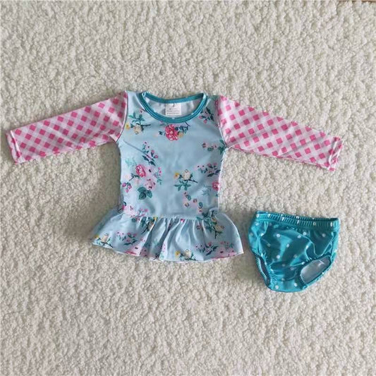 pink blue floral print 2pcs girl swimwear long sleeves Jan0113