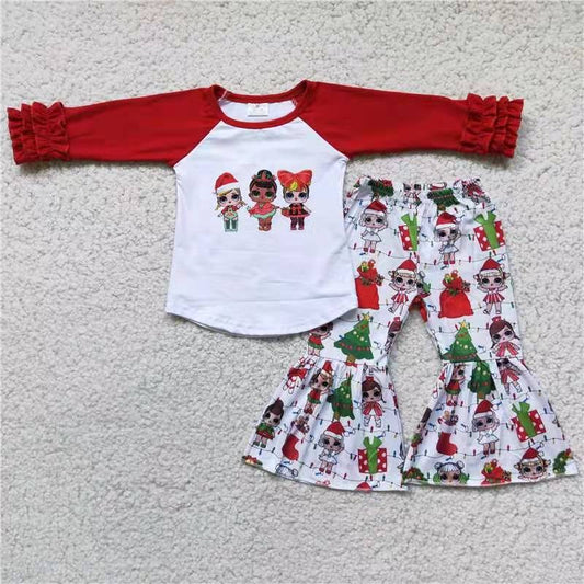 RTS Big baby christmas red raglan ruffles cartoon girl long sleeve bell bottom outfits