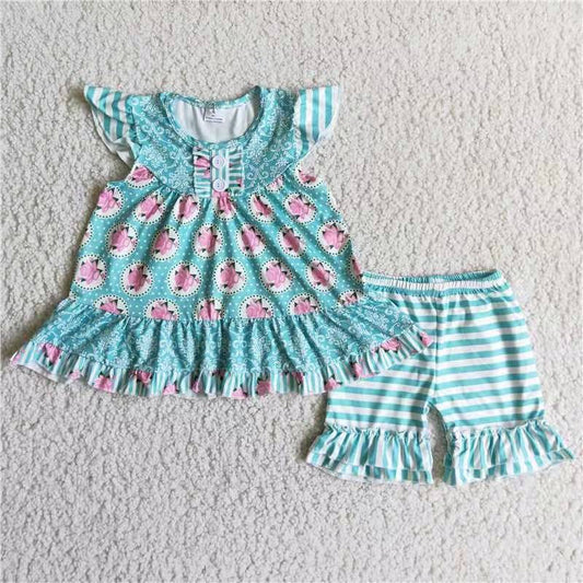 button puffy ruffles floral blue white stripe girl short sleeve shorts outfits