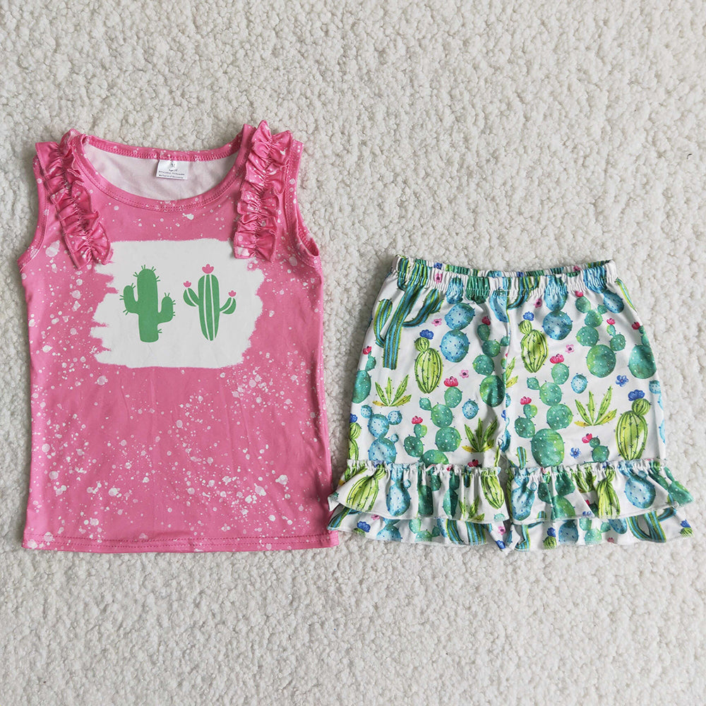 promotion Cactus pink ruffles green short sleeve shorts girl outfits