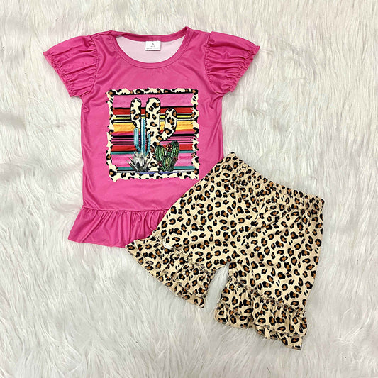 PROMOTION C1-11 Cactus hotpink ruffles leopard print girl short sleeve shorts outfits