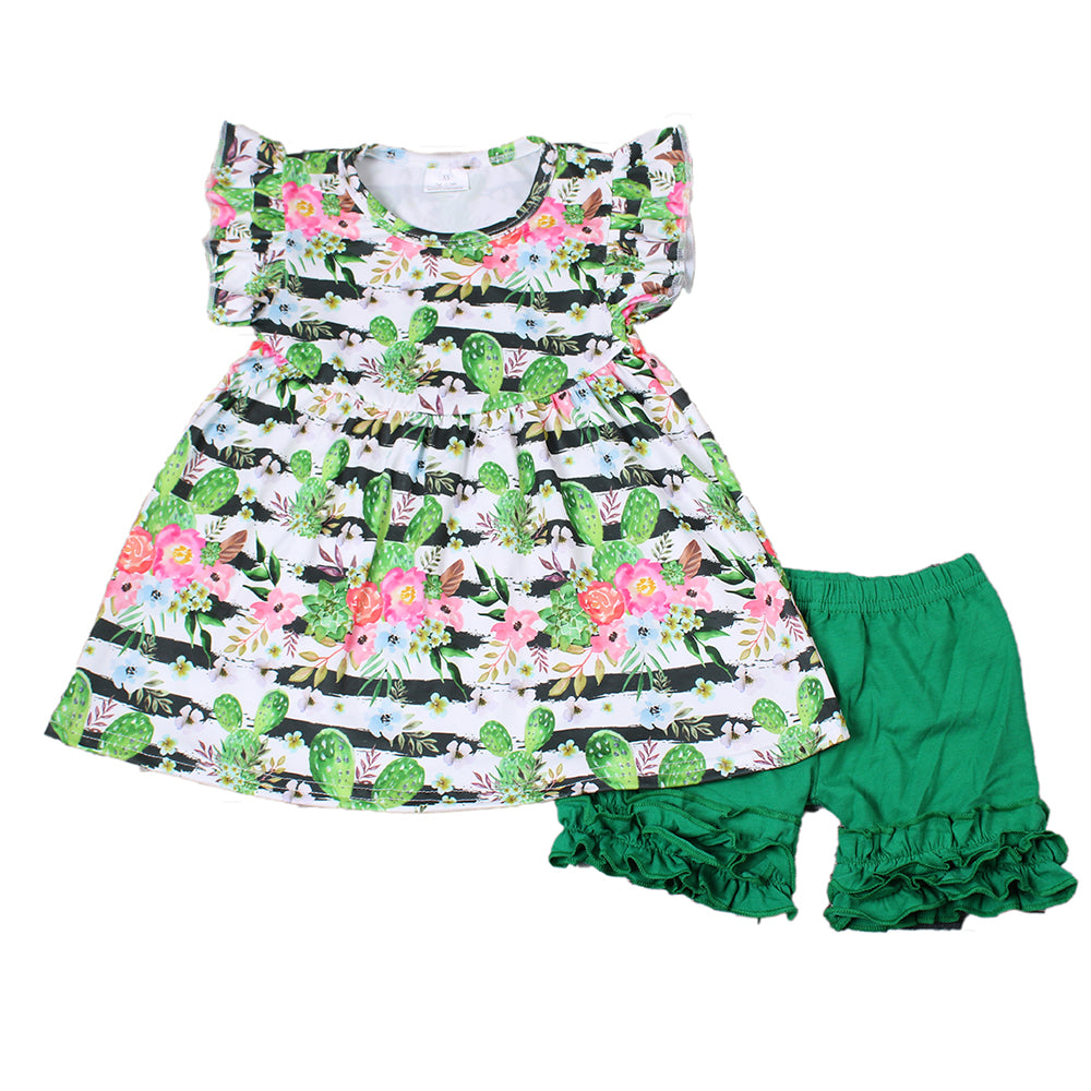 Cactus stripe puffy green ruffles girl short sleeve shorts outfits