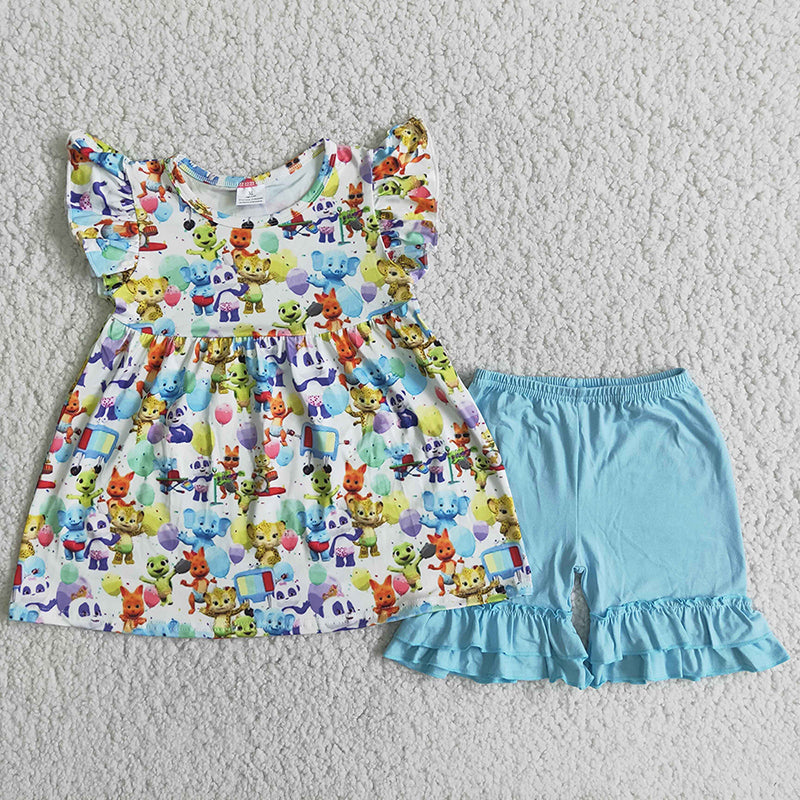 promotion Cartoon pattern puffy blue ruffles girl short sleeve shorts outfits