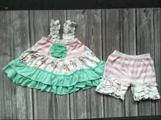 shoulder strap pink white stripe flower short sleeve shorts girl outfits