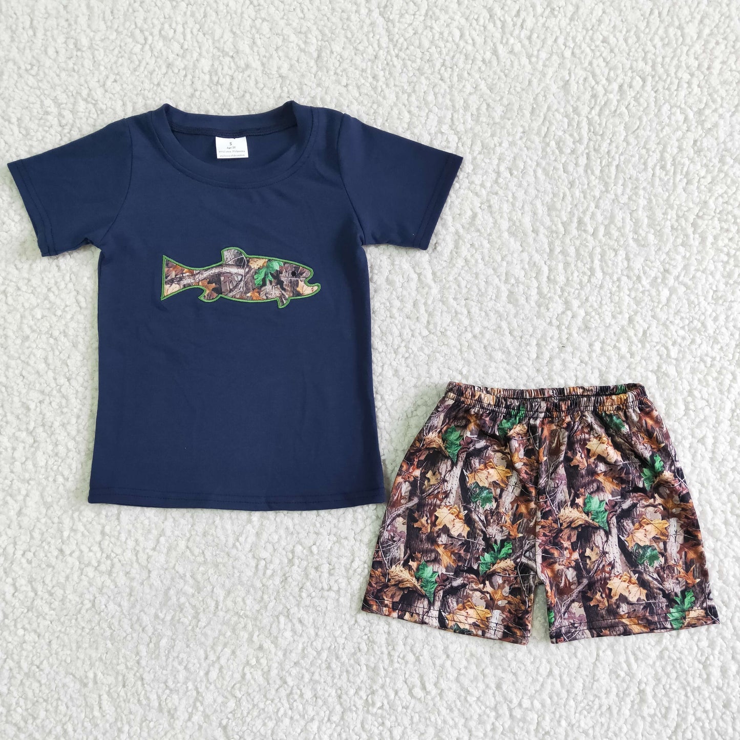 PROMOTION RTS camo fish embroidery boy shorts set short sleeve shorts girl outfit 0523